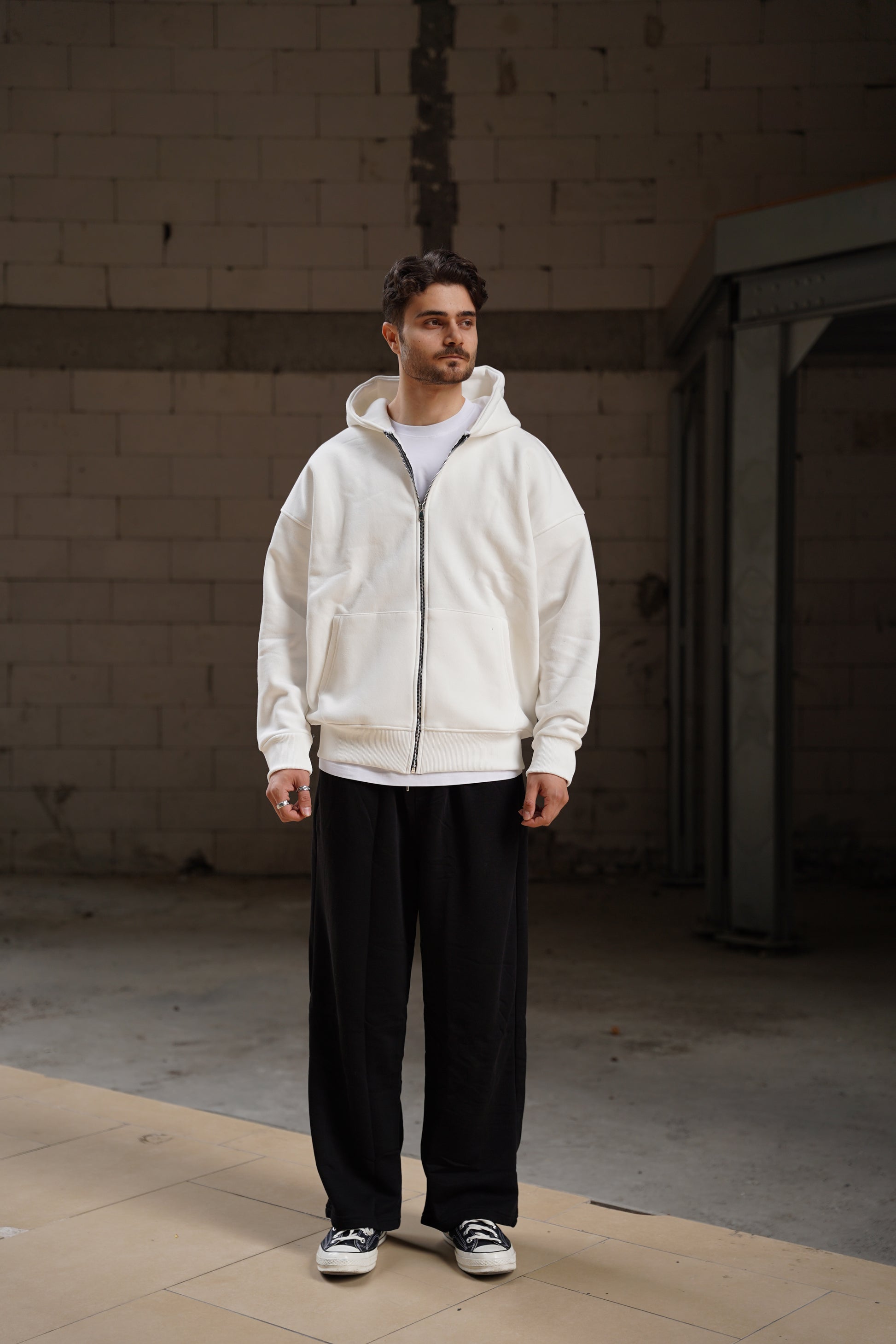Oversize 3 İplik Şardonlu Fermuarlı Kapüşonlu Hırka (Unisex)