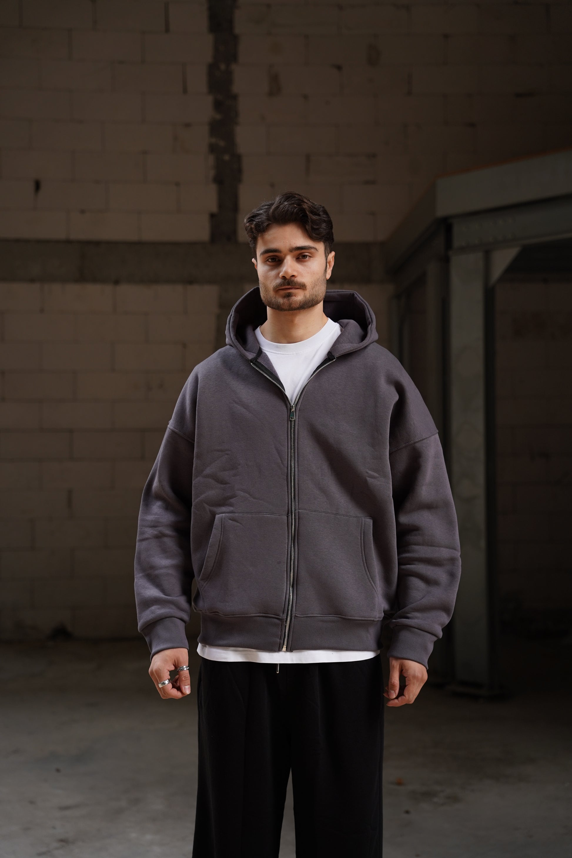 Oversize 3 İplik Şardonlu Fermuarlı Kapüşonlu Hırka (Unisex)