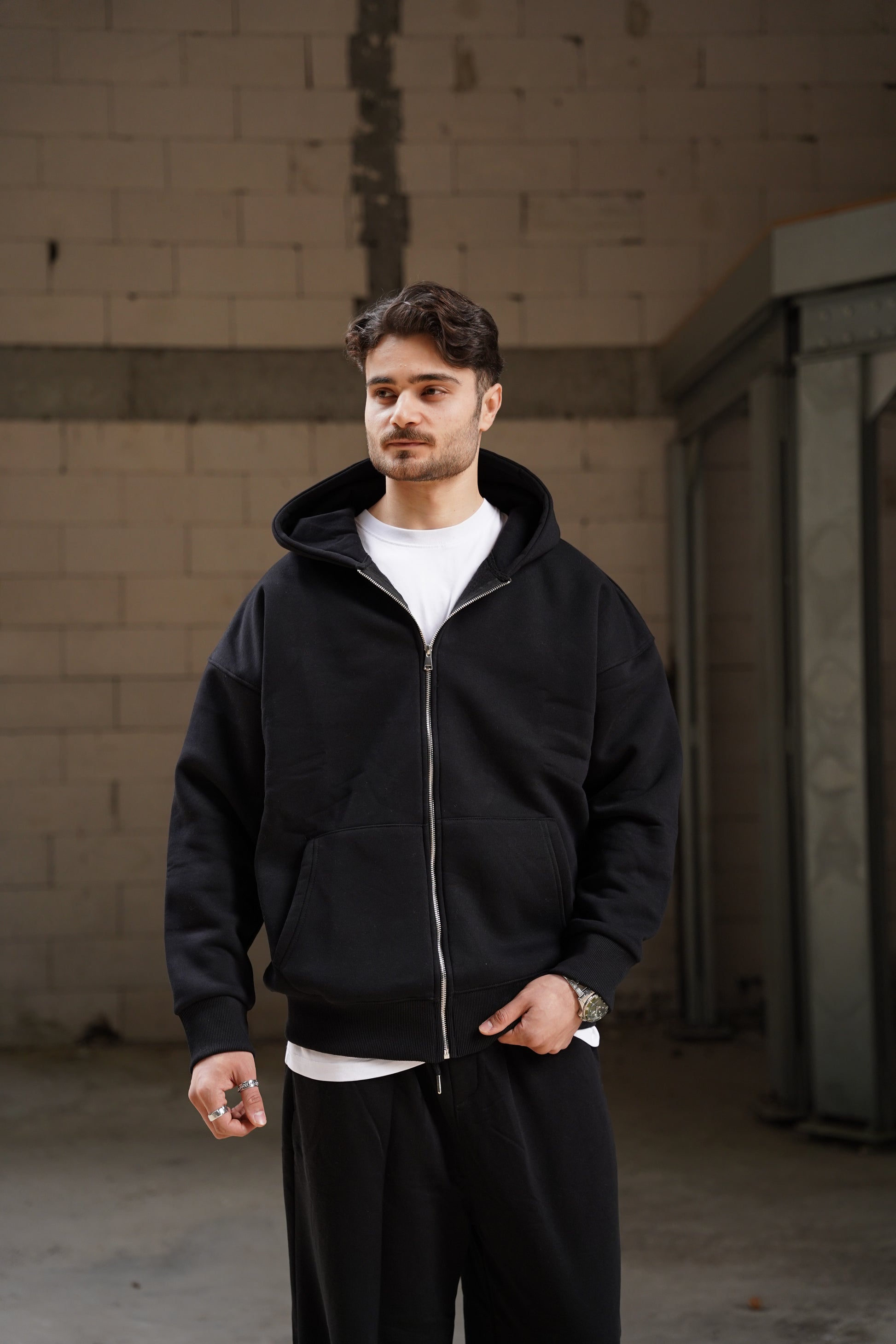 Oversize 3 İplik Şardonlu Fermuarlı Kapüşonlu Hırka (Unisex)