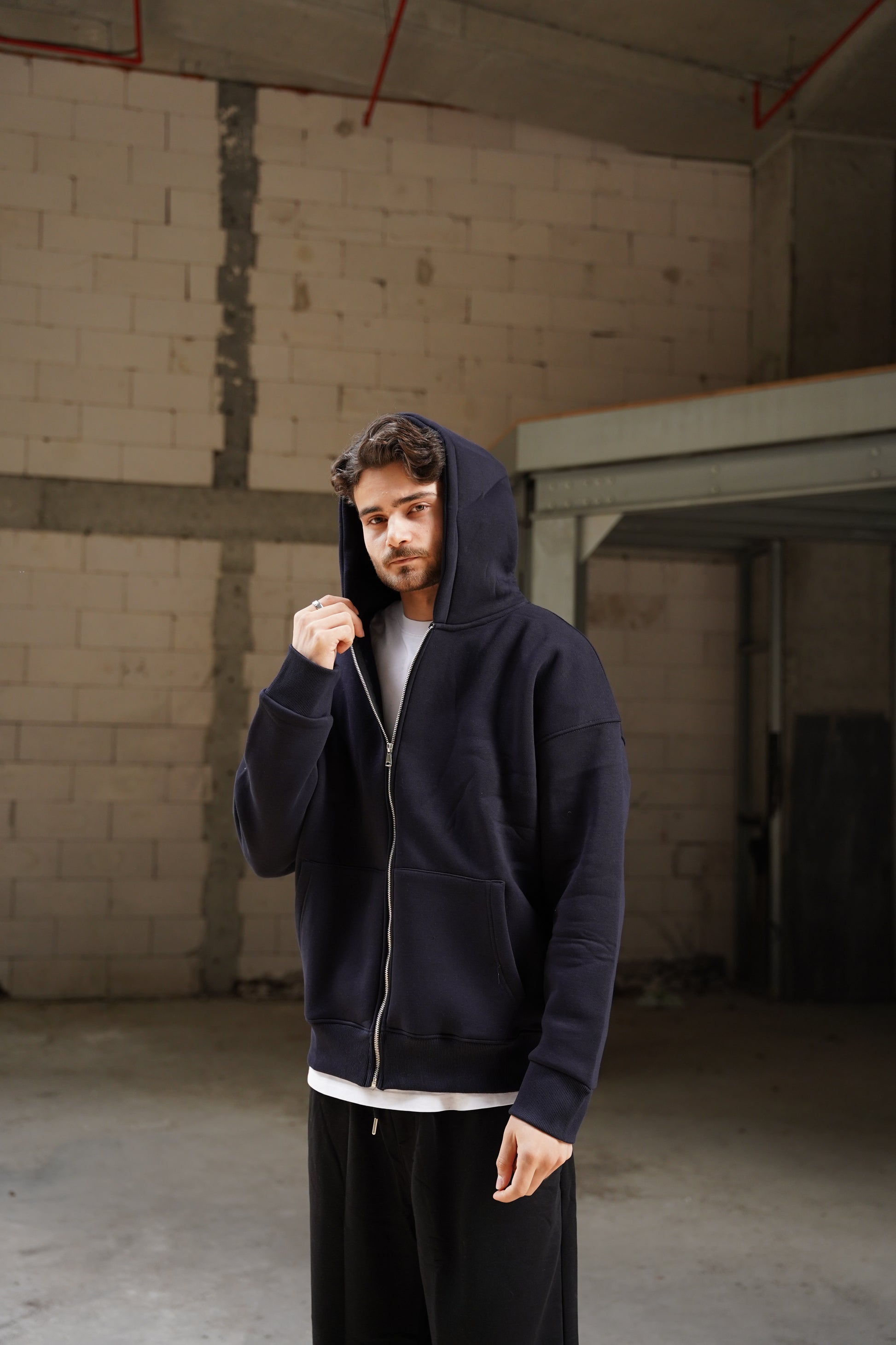 Oversize 3 İplik Şardonlu Fermuarlı Kapüşonlu Hırka (Unisex)