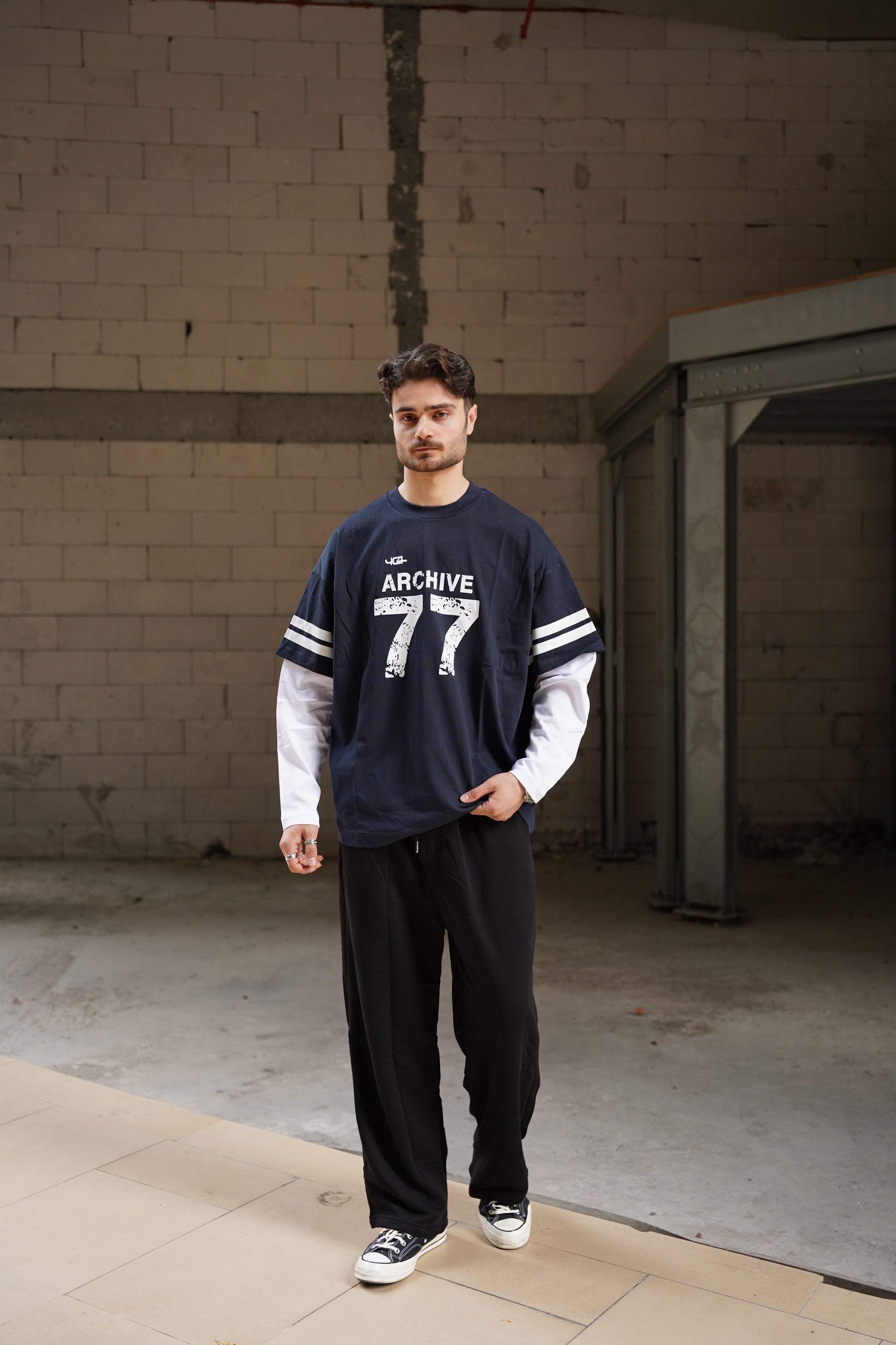Archive 77 Retro Varsity Çift Kol Görünümlü Oversize T-Shirt